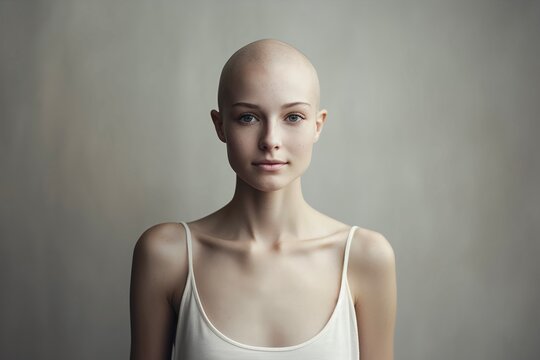 Portrait of caucasian bald girl, alopecia and cancer awareness