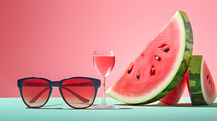 Watermelon slice, juice drink and sunglasses background with copy space