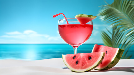 Watermelon slice, juice drink glass and sunglasses with beach background