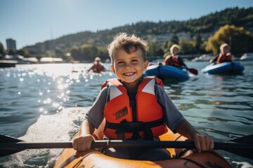 Joyful Child Kayaking on a Sunny Day
 - obrazy, fototapety, plakaty