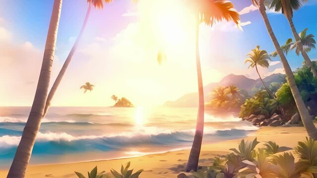 tall palm trees lining shore sway gently ocean breeze Celestial Beach, family dolphins playfully swim through waves distance. 2d animation