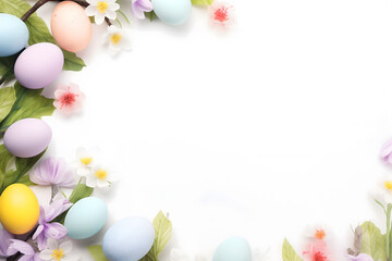 Naklejka na ściany i meble easter card, easter bunny with eggs, easter eggs and flowers, easter eggs in a basket, easter eggs and flowers on a white background, easter wall paper and background for social media