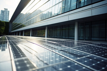  Close-up shot of solar panels with an elegant design on a corporate building's facade, merging clean energy solutions seamlessly with architectural aesthetics.