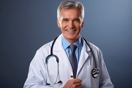 photo smiling doctor with strethoscope isolated, one color background with generative ai