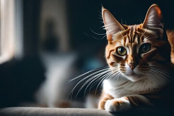 cute cat looking around, concept of pets, domestic animals. Close-up portrait of cat sitting down on sofa and looking around.