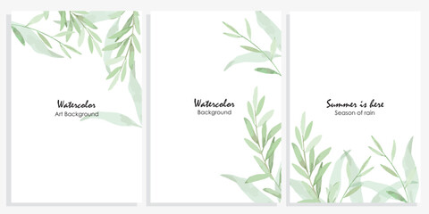 Watercolor leaves vector frames. Hand painted branches, leaves on white background. Greenery wedding simple invitations. Watercolor stylish botanic cards. All elements are isolated and editable