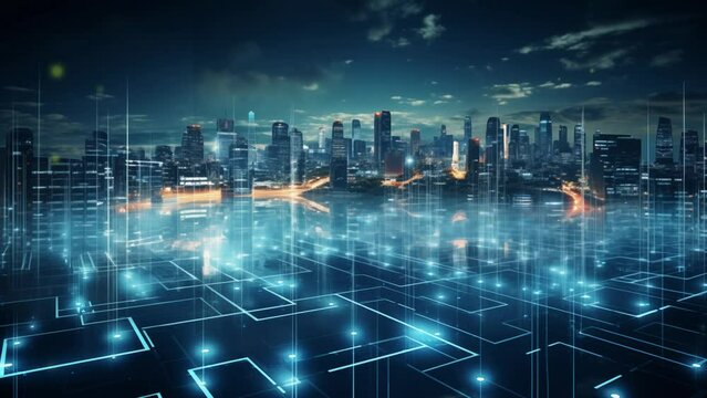 A conceptual representation of technology through 3D rendering. It visualizes digital data transfer and communication, emphasizing the idea of software-defined networking in IT infrastructure. 