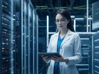 female IT specialist doing inspection in technology server data center room