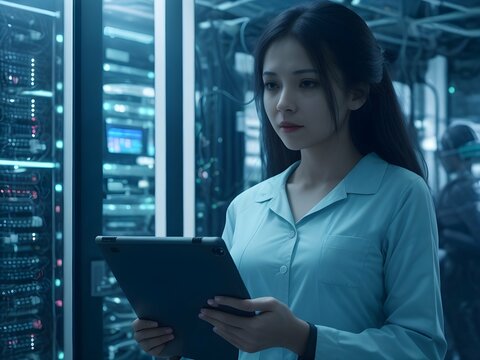 female IT specialist doing inspection in technology server data center room