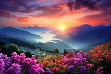 Fototapeta na wymiar Morning Blossoms: Flowers in Different Colors with a Beautiful Mountain Landscape 