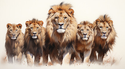 Group of cute lion cubs on a white background - obrazy, fototapety, plakaty