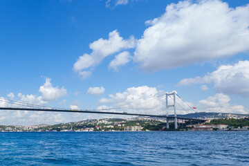 Bosphorus Tour Activity boat transportation route, Bosporus Strait, Border between Europe and Asia connecting with suspension Bosphorus Bridge landmark and geography in Istanbul Turkey, Turkiye.