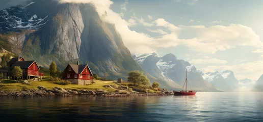 Ingelijste posters aerial view of Red traditional Norwegian houses in Norwegian nature © Kien