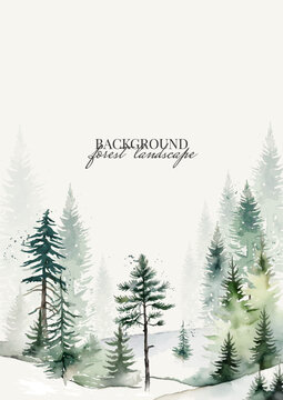 Background With Winter Landscape of Coniferous Forest in Watercolor Style. Design for Cards, Invitations, Banners. Vector