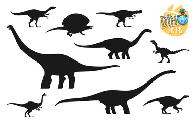 Dinosaurs silhouettes collection. Paleontology reptile, extinct Jurassic era vector lizard. Pelecanimimus, Kileskus, Cetiosaurus and Scutellosaurus, Maiasaura, Mamenchisaurus dinosaur silhouettes