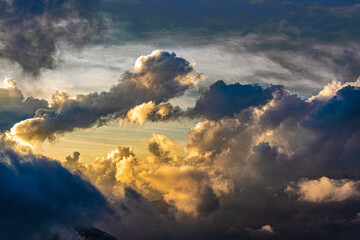The mesmerizing richness of clouds, view of the scenic sky and mesmerizing light and shadow at sunset create a beautiful landscape.  Eryanping Trail , Alishan, Taiwan. Use for branding, screensavers 