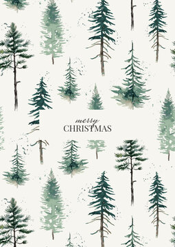 Christmas Greeting Card with Winter Landscape of Coniferous Forest in Watercolor Style. Seamless pattern with Christmas trees, pines, firs. Vector