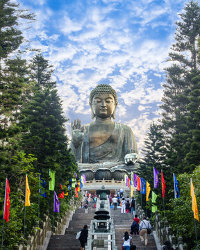 Tian Tan Buddha Statue Po Lin Monastery, Lantau Island, Ngong Ping Village, scenery on heaven Big buddha, religion sacred landmark of tourists and buddhists tourism in Hong Kong.