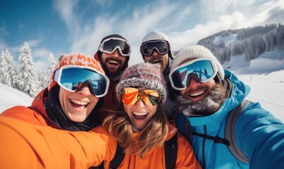 Group of friends having fun in the snow on a sunny day. A group of friends having a great time wearing ski outfit looking at the camera in the snow mountain on a ski holiday - obrazy, fototapety, plakaty