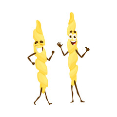 Cartoon trofie Italian pasta cute character. Italian restaurant classic noodle dish childish and laughing mascot, pasta tasty meal or trofie isolated vector cheerful personages