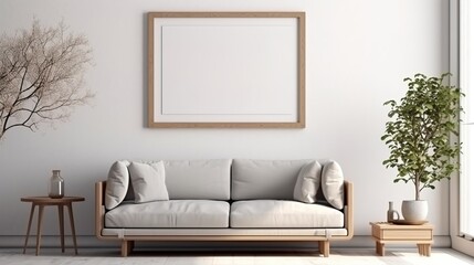 Modern interior design sofa in living room with mock up poster frame in wall at home, Neutral living room, empty nobody, 3D render.photo
