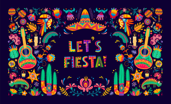 Let us fiesta mexican banner of Mexico holidays. Vector pattern of bright color flowers, sombrero, guitars and maracas, cactus, pinata, candles and toucan birds, tropical plant leaves and gecko lizard
