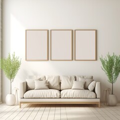 Modern interior design sofa in living room with mock up poster frame in wall at home, Neutral living room, empty nobody, 3D render.photo