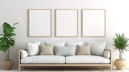 Modern interior design sofa in living room with mock up poster frame in wall at home, Neutral living room, empty nobody, 3D render.photo