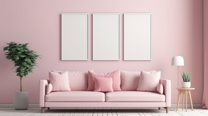 Fototapeta na wymiar Modern interior design sofa in living room with mock up poster frame in wall at home, Neutral living room, empty nobody, 3D render.photo