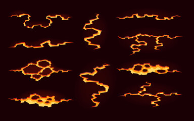 Volcano magma lava, fire ground cracks. Cartoon vector earthquake fissures, land destruction texture top view. Molten glowing orange flows creating fiery rivers with intense heat and explosive force