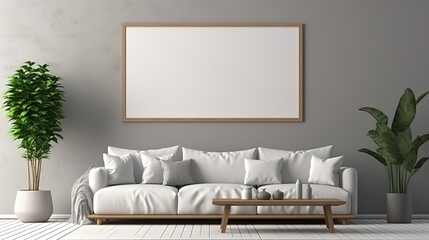 Modern interior design sofa in living room with mock up poster frame in wall at home, Neutral living room, empty nobody, 3D render.photo
