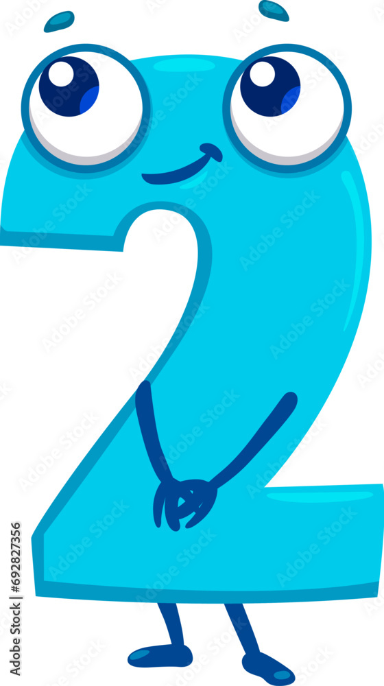 Poster Cartoon funny math number two character. Arithmetic number, school math font digit isolated vector shy cute personage. Mathematics, kids education numeric symbol adorable and funny character