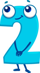 Cartoon funny math number two character. Arithmetic number, school math font digit isolated vector shy cute personage. Mathematics, kids education numeric symbol adorable and funny character