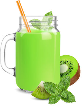 Green kiwi and mint smoothie or juice and organic vitamin drink in glass jar, realistic vector. Fresh kiwi smoothie or detox shake in glass mug with drinking straw and mint leaves for summer beverage