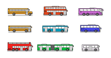 City, travel and school bus color line icons. Urban and public transport, city passenger transportation outline vector pictogram with doubledecker, airport transfer and tourism travel, articulated bus © Vector Tradition