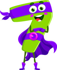Cartoon math number seven superhero character. Isolated vector playful and charming 7 figure. Mathematics numeric super hero personage with big round eyes, a cheerful smile, and iconic defender attire