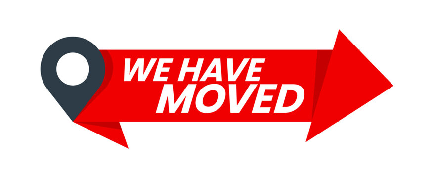 Have move icon, we have moved sign. Isolated vector emblem with red arrow and map pin. Office address change, store or shop new location, ensuring clear communication for customers and clients