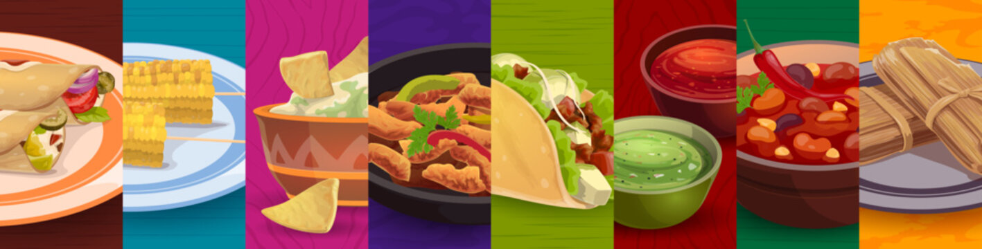 Mexican cuisine food collage. Tex mex food. Mexican takeaway restaurant meals menu vector background, Mexico Tex Mex banner with taco, nacho chips and guacamole sauce, enchiladas, tamale and corn