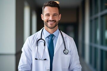 photo smiling doctor with strethoscope isolated, one color background with generative ai - obrazy, fototapety, plakaty