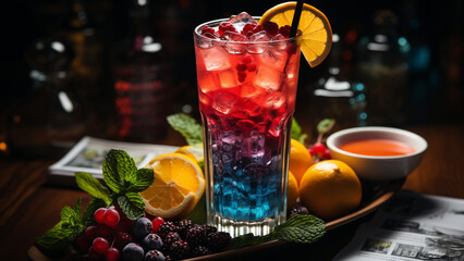 Blueberry and Blackberry Cocktail with ice, lemon and mint,Generative AI