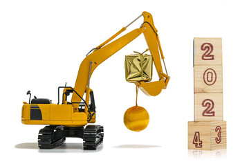 Concepts ,from 2023 change go to 2024 With Crawler excavator, isolated on white background.