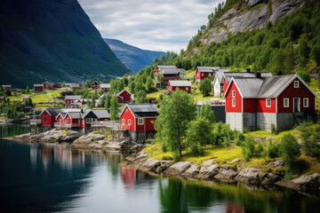 Red traditional Norwegian houses in Norwegian nature - obrazy, fototapety, plakaty