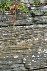 Natural stone formation with horizontal grooves and cracks vertical background texture