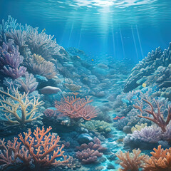 Fototapeta na wymiar painting of a coral reef with a fish and fish in the water