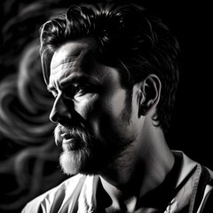 Black and White Conceptual Man with Facial Hair and Fogs Illustration