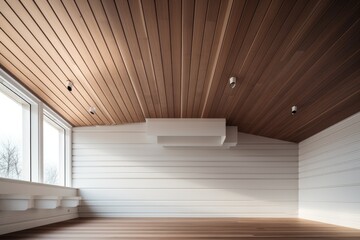 Wooden ceiling of a small and minimal residential house. Generative AI.