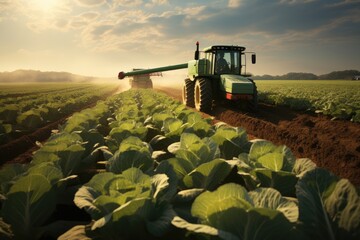 A cabbage field with a harvesting machine. Generative AI. - obrazy, fototapety, plakaty