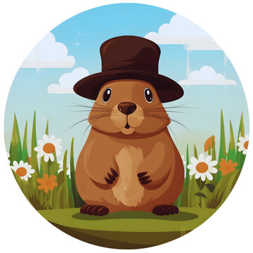 cute groundhog with brown top hat, popping up from hole surrounded by flowers and clouds in circle logo. Cut out. PNG. Happy ground day and spring time concept. 2D illustration.
