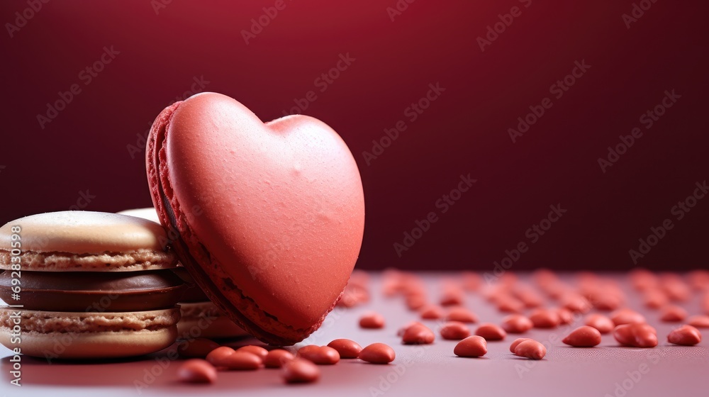 Poster One red heart shaped macaron on red background. Generative AI.