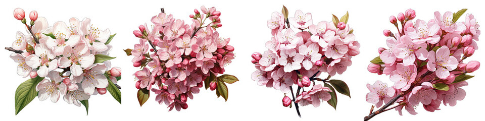 Fresh flowers and leaves of prunus tree Hyperrealistic Highly Detailed Isolated On Transparent Background Png File